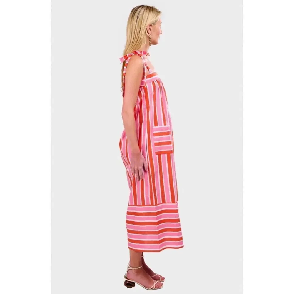 Pink City Prints Raspberry Stripe Palma Dress Small Tie Strap Midi Pockets - Picture 2 of 9